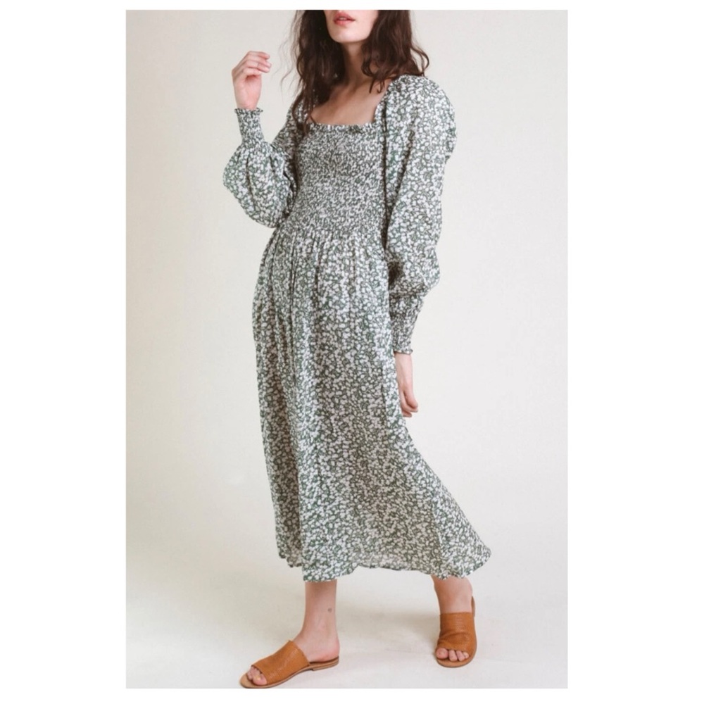 Trovata Green Vintage Floral Smocked Midi Dress